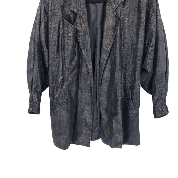 Vtg 80s Genuine Leather Jacket Sz L Black Oil Slick Textured Batwing Oversized - Picture 5 of 12